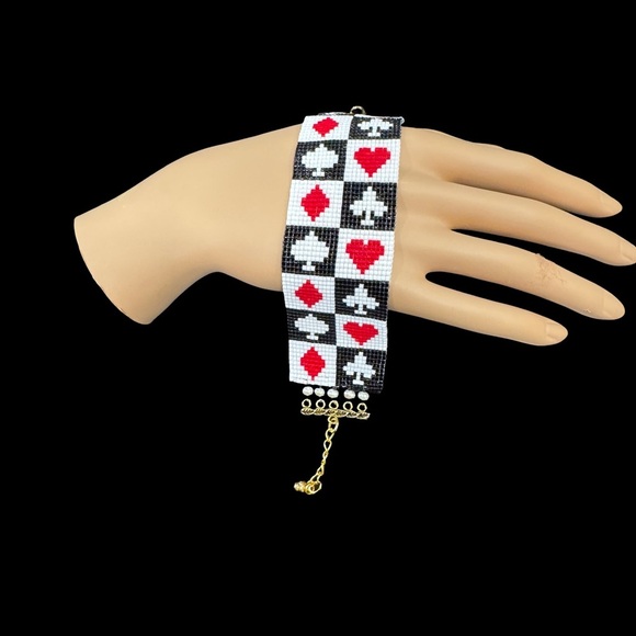 Hand Crafted Playing Card Motif Beaded Cuff Bracelet - Picture 5 of 6